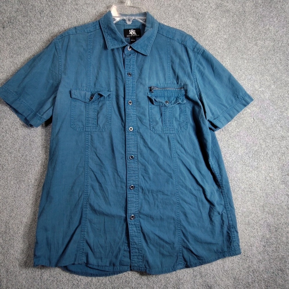 Rock & Republic Button Down Shirt Short Sleeve Pockets Blue Mens Size L